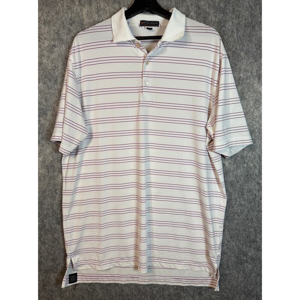 Peter Millar Summer Comfort White Purple Stripe Performance Golf Polo - Large